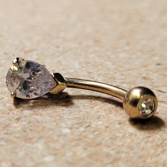 Golden Classic Teardrop Sparkle Gem Belly Button Ring - Picture 3 of 4